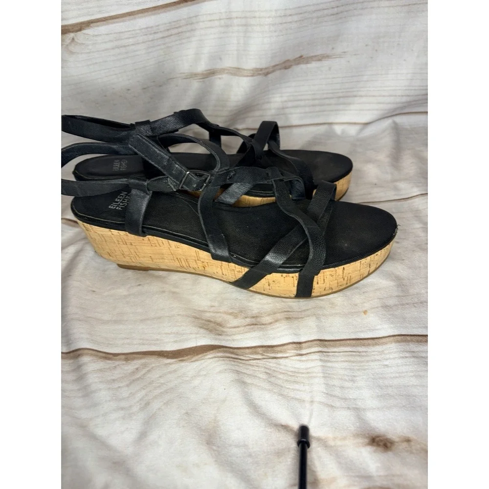 Eileen Fisher Black Leather Strappy Cork Wedge Sandals Size 10 Gladiator